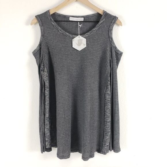 NEW!! Paper Crane SIZE L Gray Cold Shoulder Boho Long Sleeve Blouse Top Waffle - Picture 12 of 12